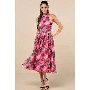Lulus Womens Charming Vision Fuchsia Floral Halter Dress Size XL Pink SP NWT